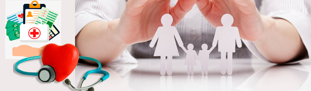 imagem ilustrativa - mão sobre uma familia e diversos objetos medicos.